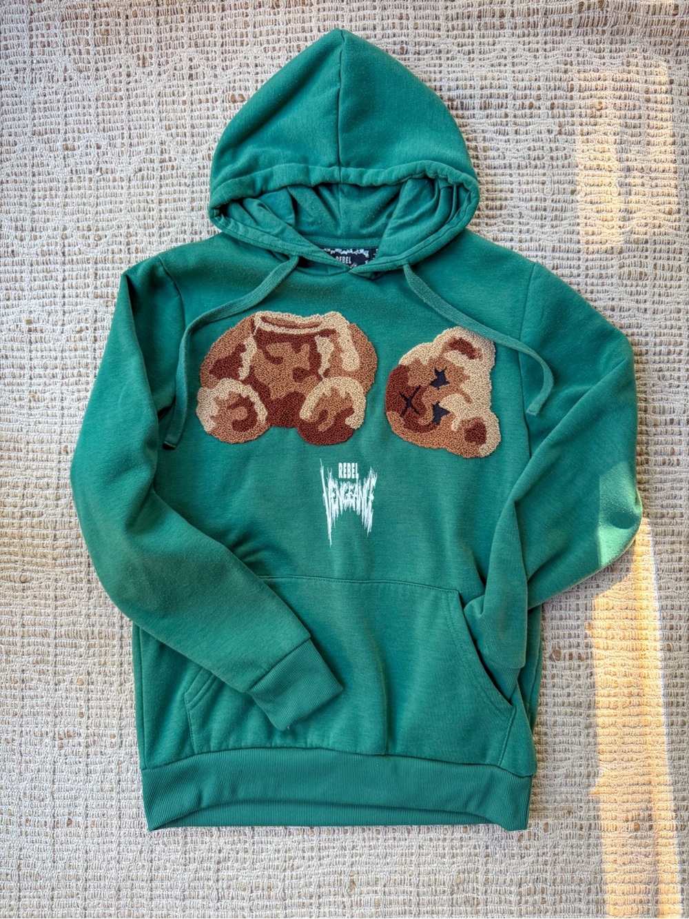 Rebel Vengeance Green Teddy Hoodie Grunge Y2K Streetwear Tufted Graphic Size S